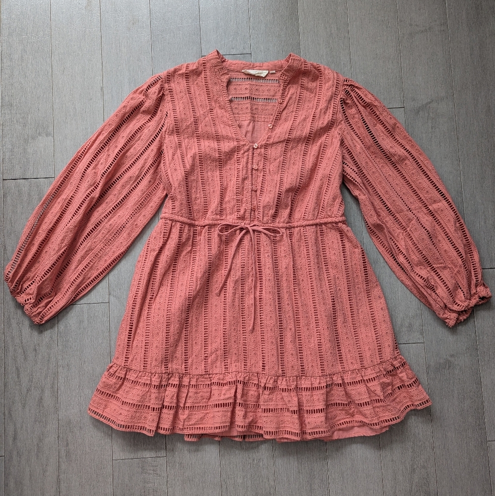 Forever That Girl Anthropologie mini dress Pink Coral Eyelet Long Sleeves Medium - Picture 3 of 11